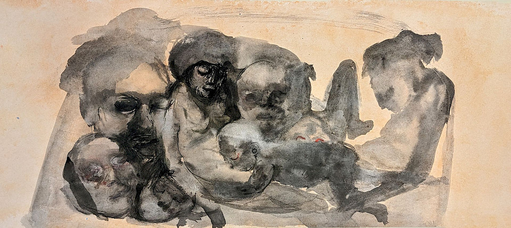 Malerei von Ellen Louise Weise. Schwarze K&ouml;rper und Gesichter sind auf orange-farbenen Hintergrund gemalt. Die K&ouml;rper und Gesichter &uuml;berlagern sich. In der Mitte liegt ein Baby.