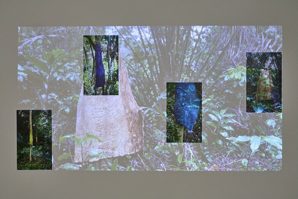 Foto einer Arbeit von Irene Piloya. An einer Wand ist eine gro&szlig;e Fotografie von Pflanzen im Wald. &Uuml;ber der gro&szlig;en Fotografie sind vier kleinere Fotografien, auch mit Pflanzen im Wald.
